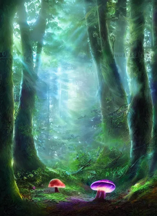 Prompt: painting of magic mushrooms , mysterious forest, beautiful lighting, god rays, fantasy art, matte painting