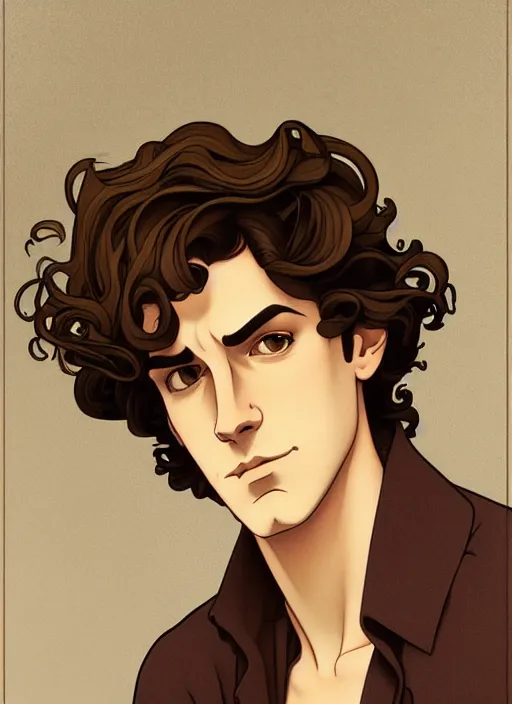 Image similar to art nouveau portrait of a handsome young man with curly medium length light brown hair, brown eyes, serious facial expression, gloomy mood, annoyed, t - shirt, natural lighting, path traced, highly detailed, high quality, cartoon, digital painting, by don bluth and ross tran and studio ghibli and alphonse mucha