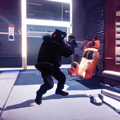 Image similar to Screenshot from the PC game Payday: The Heist demonstrating the fursuit unlock