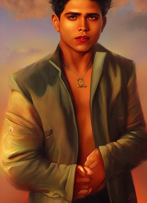 Prompt: magic realism portrait of a handsome young latino gang member in san diego, art by manuel sanjulian and tom bagshaw and boris vallejo, hyperrealism, artstation