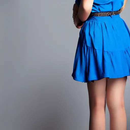 Prompt: blue haired blue eyes girls wearing blue mini dress, back photo, pretty face, studio photo, uhd, 4k