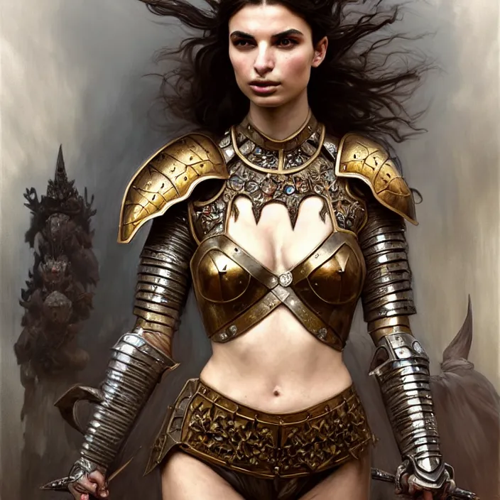 Image similar to Ancient queen Emily Ratajkowski wearing heavy armor, diffuse lighting, fantasy, intricate, elegant, highly detailed, lifelike, photorealistic, digital painting, artstation, illustration, concept art, smooth, sharp focus, art by John Collier and Albert Aublet and Krenz Cushart and Artem Demura and Alphonse Mucha