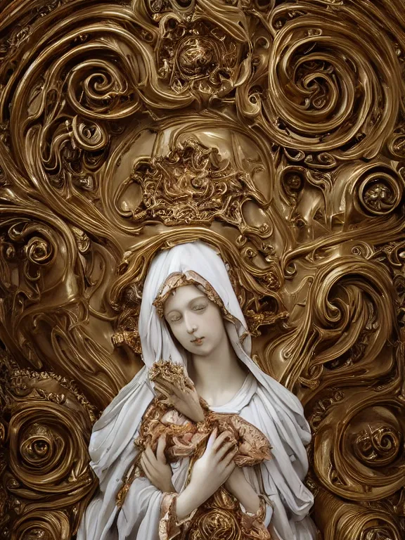 Prompt: a beautiful render of baroque catholic veiled Virgin sculpture with symmetry intricate detailed,by Nekro and peter gric and aaron horkey and Billelis,Trending on artstation,ZBrush,fractalism,maximalism,glittering,Ligne Claire,gold,ivory,copper verdigris,hyperreal