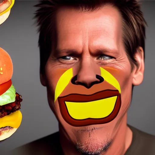 Image similar to kevin bacon face wrapped inside a cheeseburger