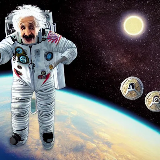 Image similar to still photo of surprised albert einstein in spacesuit, flat earth on three turtles at background, highly detailed, photorealistic shot, bright studio setting, studio lighting, crisp quality and light reflections, unreal engine 5 quality render