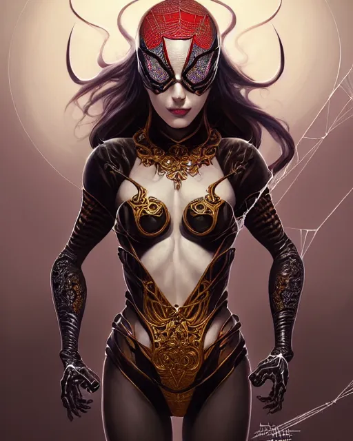 Image similar to portrait of spiderwoman, intricate ornate details, fantasy, elegant, highly detailed, digital painting, artstation, concept art, smooth, sharp focus, illustration, artbook, splash art, promo art, soul calibur, league of legends, art by artgerm and greg rutkowski and bo chen and jin xiaodi