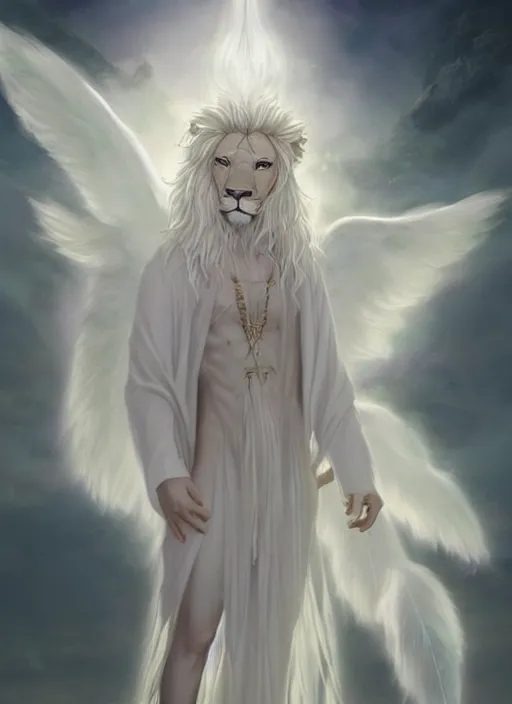 Image similar to aesthetic, religious fantasy portrait commission of an albino male furry anthro lion with giant feathery glowing angel wings flying in the heavenly cloudy sky wearing a silky white transparent cloak blowing in the wind, Atmospheric . Character design by charlie bowater, ross tran, artgerm, and makoto shinkai, detailed, inked, western comic book art, 2021 award winning film poster painting