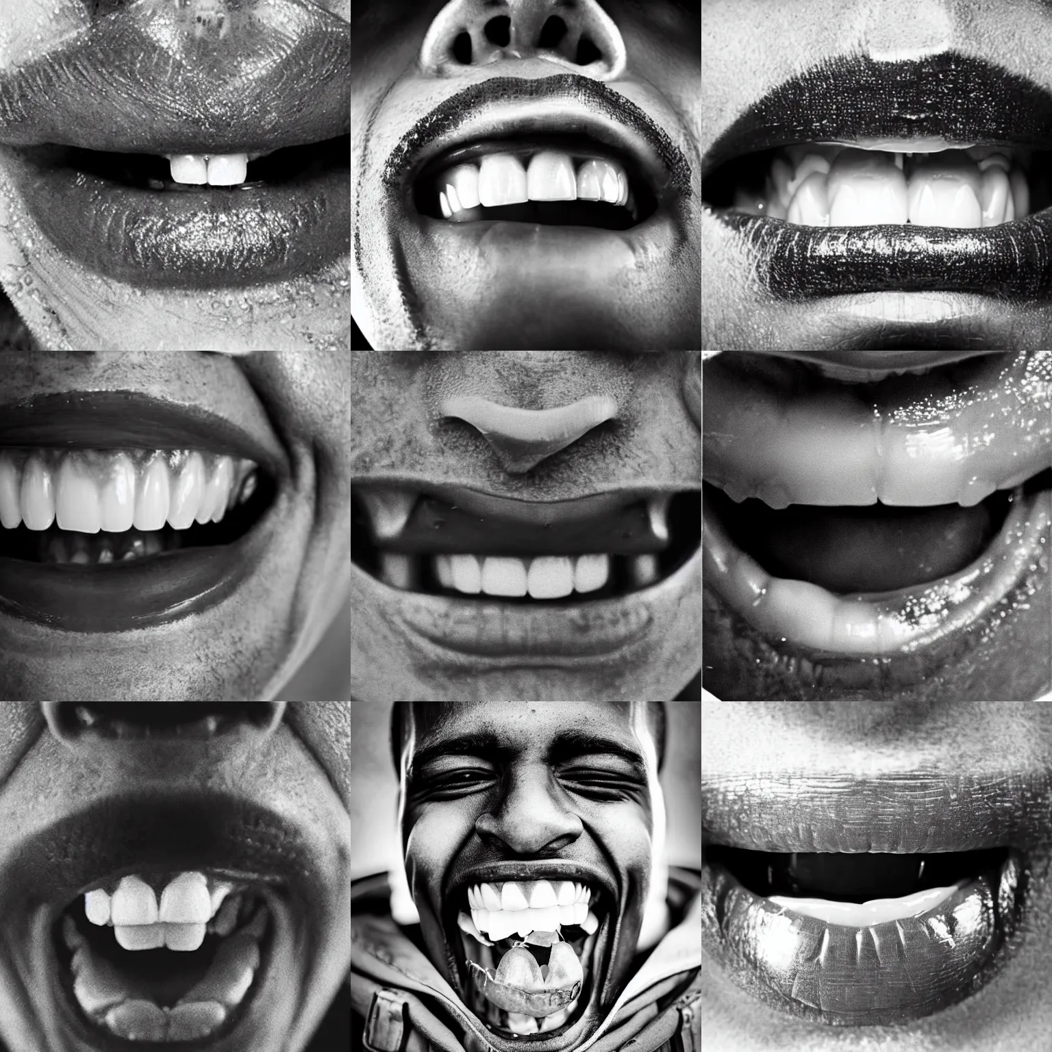 Prompt: close up of man's mouth open with upper and lower metallic tooth grills, gritty grainy black and white film photograph, album artwork