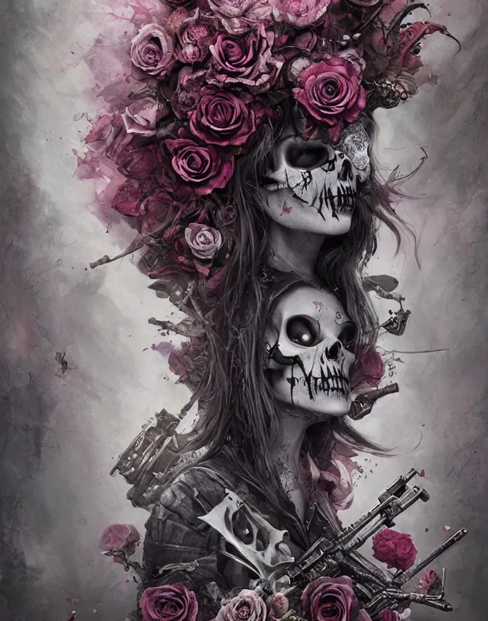 Prompt: Alice in Wonderland,roses, bullets, guns,death tarot card,highly detailed,half skull face,cinematic,8k,by Stanley Artgermm,Tom Bagshaw,Greg Rutkowski,Carne Griffiths, Ayami Kojima, Beksinski, Giger,trending on DeviantArt,hyper detailed,horror, full of colour