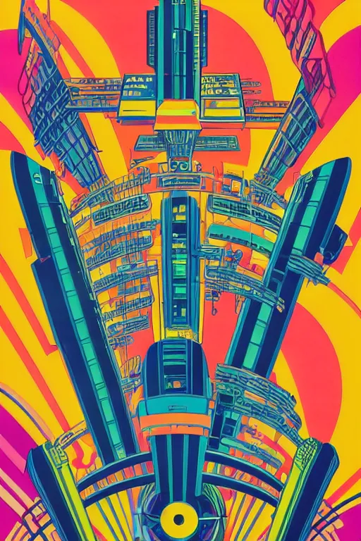 Image similar to a 8 0 s art deco poster with the interior of an international space station fuill of electronic equipment, poster art by milton glaser, kilian eng, moebius, behance contest winner, psychedelic art, concert poster, poster art, maximalist
