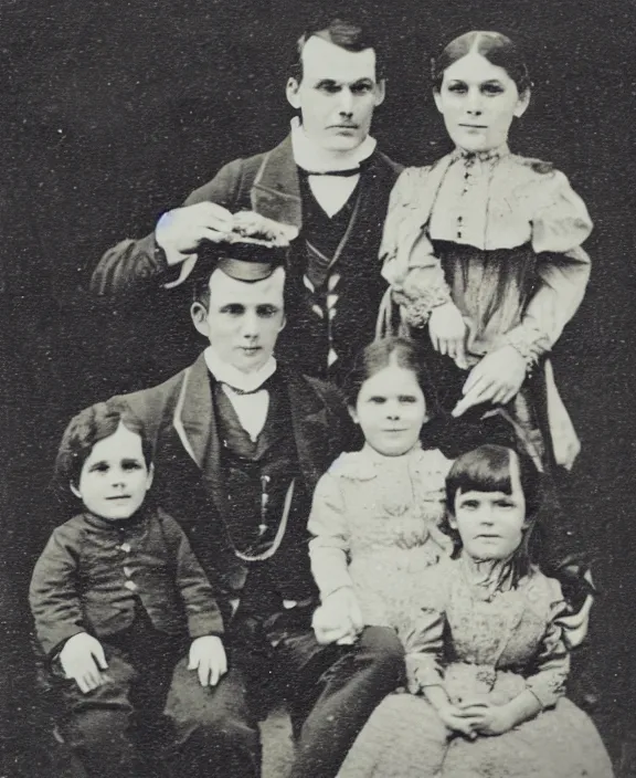 Prompt: a sepia photograph of a smiling victorian era family. in the background there is a strange and menacing steampunk cyborg