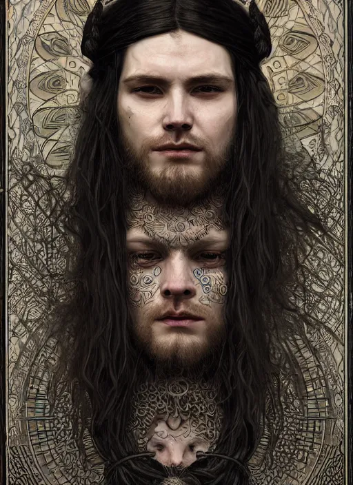 Image similar to portrait of a young giant charming cunning man with runic face tattoo and long tangles of straight black hair, piercing eyes, wearing royal viking robe, hyper realistic face, epic, very low angle, fantasy art, in the style of greg rutkowski, intricate, alphonse mucha, hyper detailed, smooth