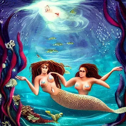 Image similar to beautiful deadly mermaids holding drowning sailors underwater and eating them