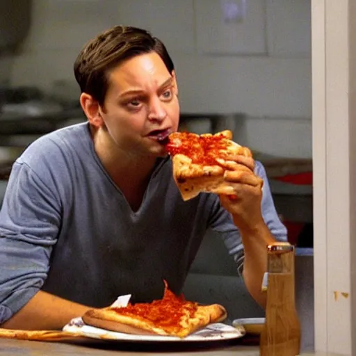 Image similar to tobey maguire eating all of the pizza, gross, disgusting, messy, annoyed, greasy, wet