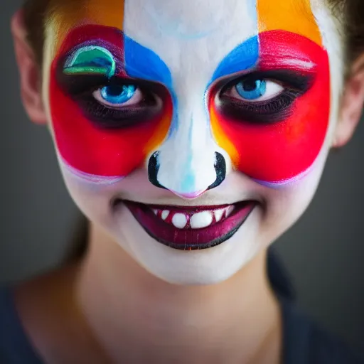 Prompt: a abstract shaped portrait of a abstract girl who has face - painting like a clown smiling creepily. depth of field. lens flare