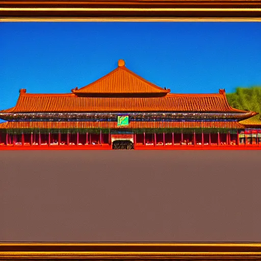 Prompt: The forbidden city with sunset at golden hour, in the style of sandpainting