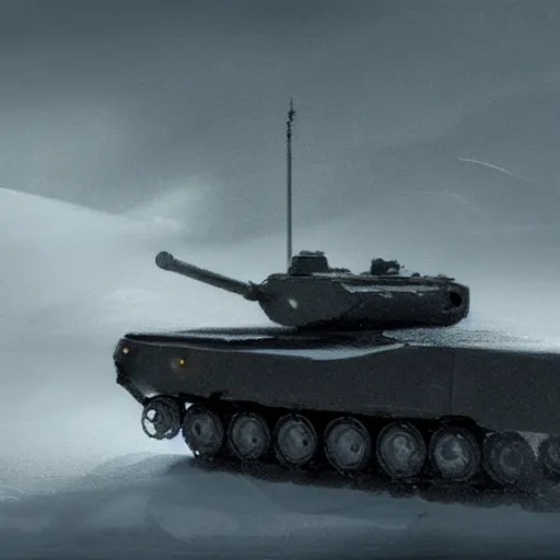 Prompt: beautiful concept art of a futuristic tank against a snowy backdrop, moody light, cinematic, as seen on artstation, denis villeneuve