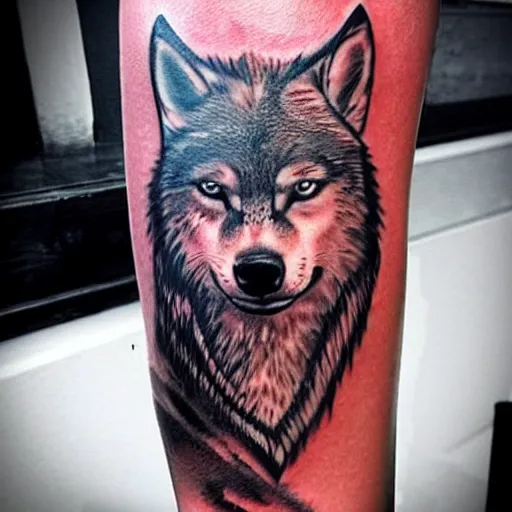 Image similar to a tattoo design of a beautiful girl under a wolf head, in the style of den yakovlev, hyper - realistic, amazing detail