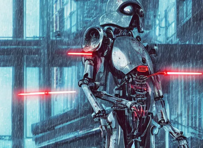 Image similar to 3 5 mm portrait photo of ( general grievous )!! with heavy duty biomechanical cybernetic body with ( four arms holding 4 activated red lightsabers )!! in the city in the rain. cyberpunk horror style.