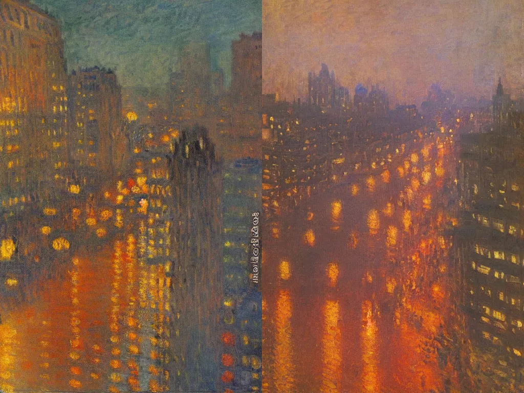 Prompt: german impressionist painting, big impressionist watercolor strokes by Claude Monet, downtown night scene by Wilfred Jenkins, overhead high-angle view of coastal city street at night by Fausto Zonaro, japanese woodblock