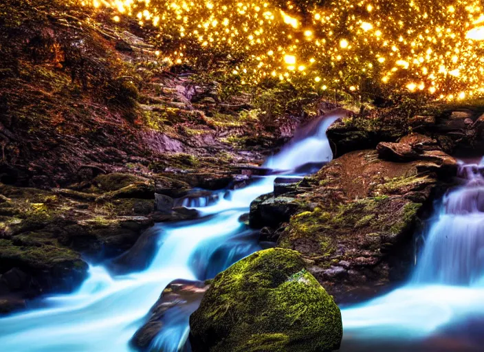 Prompt: a 2 8 mm macro photo of a flowing river and waterfalls in a huge canyon, splash art, movie still, bokeh, canon 5 0 mm, cinematic lighting, dramatic, film, photography, golden hour, depth of field, award - winning, anamorphic lens flare, 8 k, hyper detailed, 3 5 mm film grain, hazy