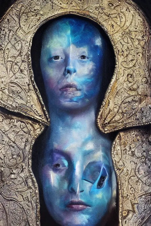 Prompt: hyperrealism oil painting, close - up portrait of face hiding in stingray medieval fashion model, knight, steel gradient mixed with nebula sky, in style of baroque mixed with 7 0 s book art