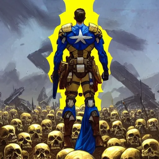 Prompt: a full body shot from distance from behind of a super soldier with a yellow and blue flag standing on a huge pile of skulls in triumph after battle, western, D&D, fantasy, intricate, elegant, highly detailed, digital painting, artstation, concept art, matte, sharp focus, symmetrical, illustration, art by Artgerm and Greg Rutkowski and Alphonse Mucha