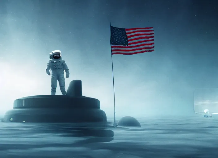 Image similar to astronaut holding a flag in an underwater desert. a submarine is visible in the distance. dark, concept art, cinematic, dramatic, atmospheric, 8 k, trending on artstation, blue, fish, low visibility, fog, ocean floor, christopher nolan, interstellar