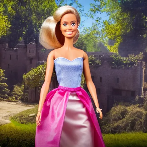 Prompt: actress playing barbie in real life live action remake, 4 k, film still, live action, realistic, human, actress, wide angle, 4 k, background of castle