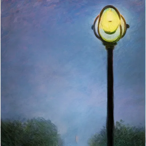 Image similar to A lamppost by Simon Stålenhag and Claude Monet
