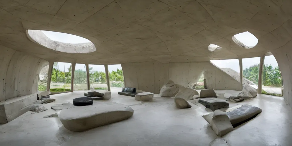 Prompt: interior of a home that is an undersea concrete dome with windows