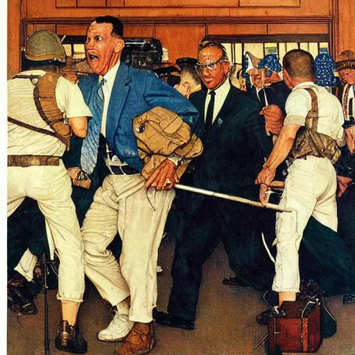 Prompt: norman rockwell painting of the fbi raiding mar - a - lago, highly detailed award winning painting,