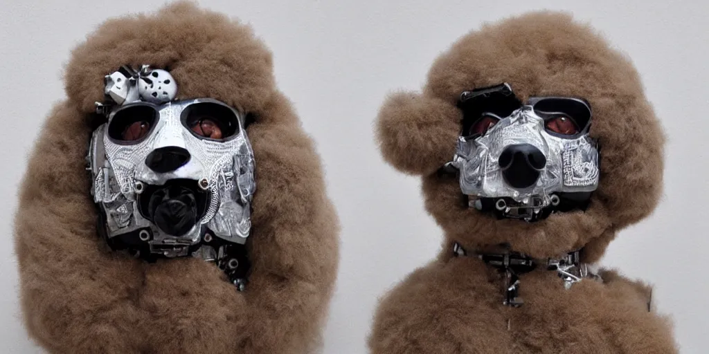 Prompt: a beautiful cyborg made of ceremonial fluffy poodle maske