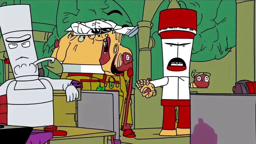 Prompt: Tabaluga talking to Master Shake in a still from an episode of Aqua Teen Hunger Force (2004), high quality screenshot