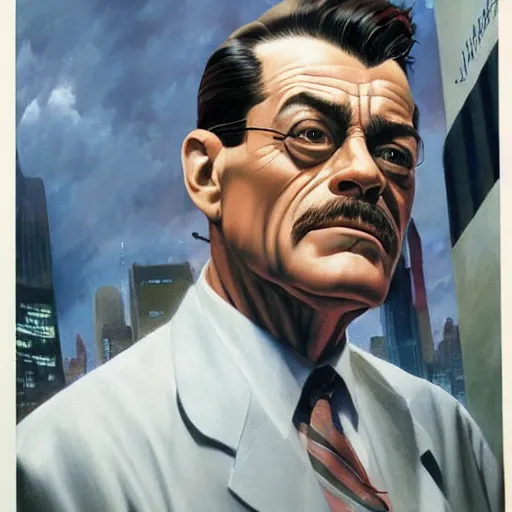 Image similar to ultra realistic portrait painting of john jonah jameson jr, art by frank frazetta, 4 k, ultra realistic, highly detailed, epic lighting