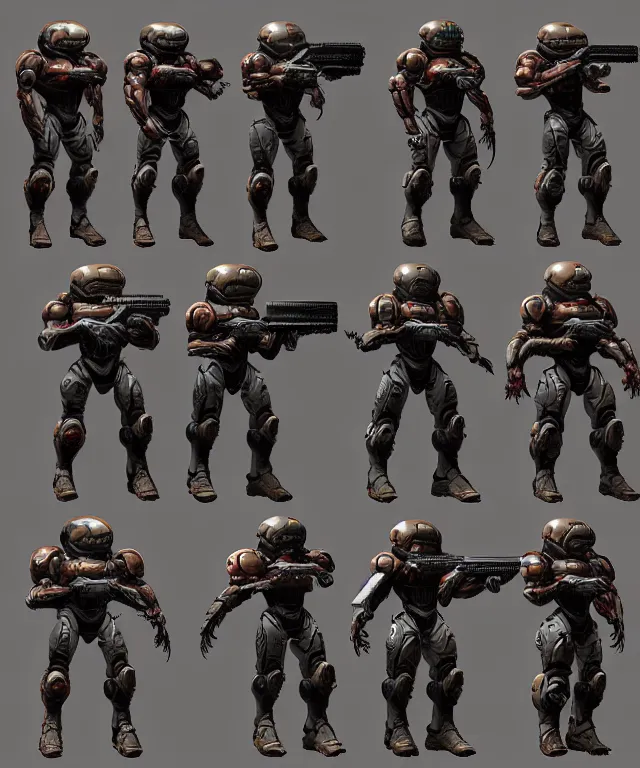 Image similar to 2 d shooter game concept art sprite sheet!!!, doom slayer concept art, hyperrealism, fine detail, 8 k, 3 d render, artgerm, artstation contest winner, cgsociety, cryengine, zbrush, vray, no background