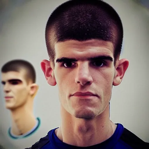 Image similar to “a realistic detailed photo of a guy who is an attractive humanoid who is half robot and half humanoid, who is a male android, Christian Pulisic, shiny skin, posing like a statue, blank stare, on display”