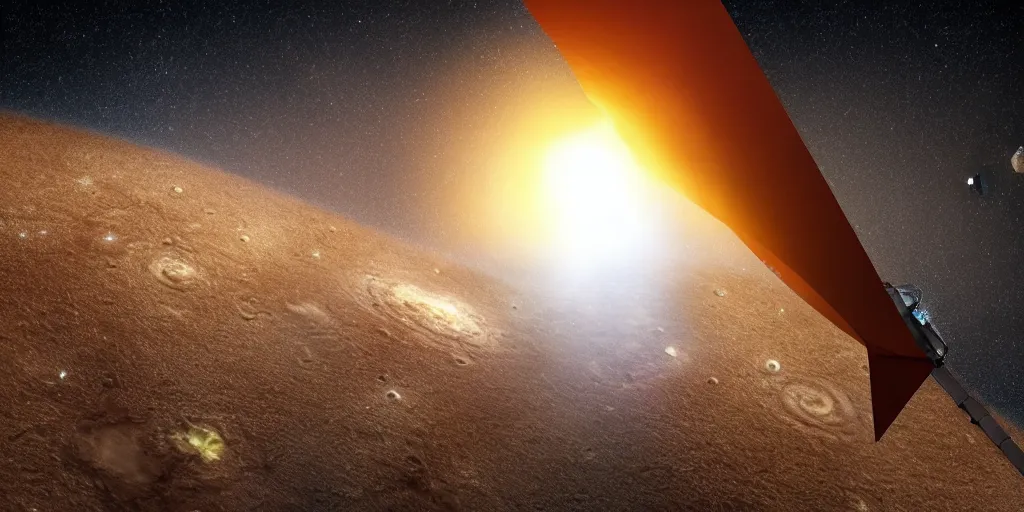 Prompt: close up of a futuristic huge (solar light sail) probe entering a solar system carrying a dead alien. The probe is from an isolated star in a thick dust cloud, highly detailed, desolate, cinematic, UE5, 8K, 4K