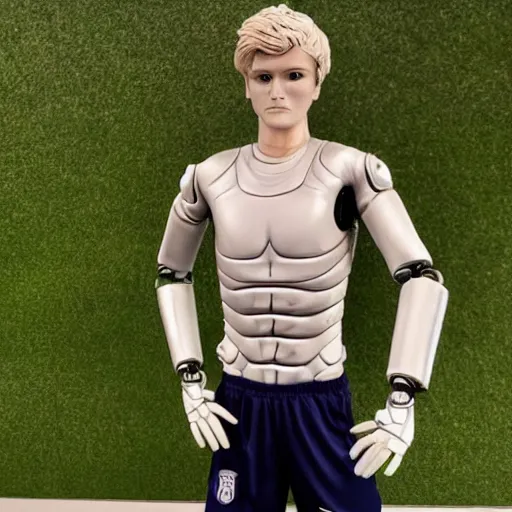 Image similar to a realistic detailed photo of a guy who is an attractive humanoid who is half robot and half humanoid, who is a male android, soccer player martin ødegaard, shiny skin, posing like a statue, blank stare, by the pool, on display, showing off his muscles, humanoid robot, frozen ice statue