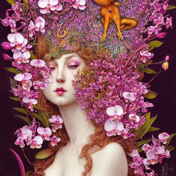 Prompt: psychedelic animal made of orchid and cherry blossom tree and mushrooms, LSD, diffuse lighting, fantasy, intricate, elegant, highly detailed, lifelike, photorealistic, digital painting, artstation, illustration, concept art, smooth, sharp focus, art by John Collier and Albert Aublet and Krenz Cushart and Artem Demura and Alphonse Mucha and Giuseppe Arcimboldo