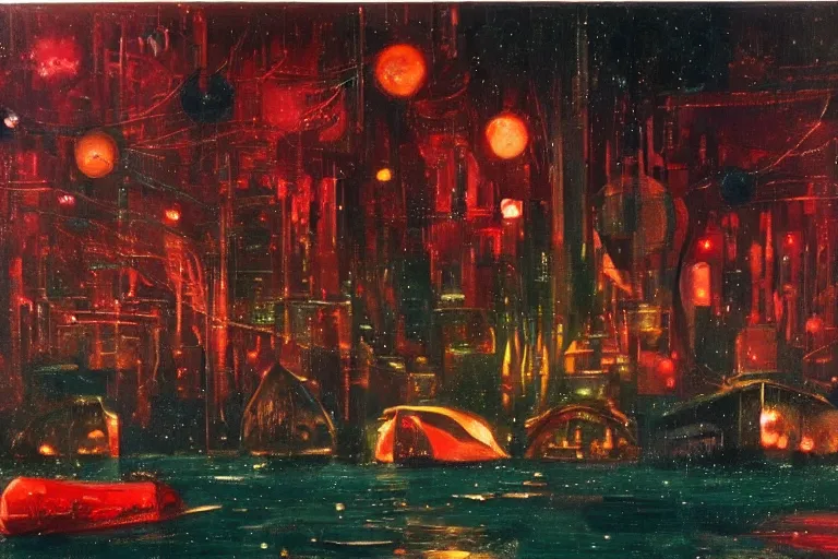 Prompt: river boats speeding between spherical tree houses on flooded streets of new york painting, red and green palette, night lights, starry sky, by ( ( ( ( ( ( ( ( ( h. r. giger ) ) ) ) ) ) ) ) ) and paul lehr