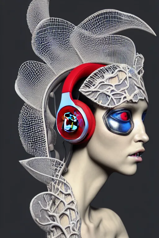 Prompt: complex 3d render ultra detailed of a beautiful porcelain profile beautiful face with headphones by beats by dre, biomechanical cyborg, analog, 150 mm lens, beautiful natural soft rim light, big leaves and stems, roots, fine foliage lace, red blue silver details, massai warrior, Alexander Mcqueen high fashion haute couture, pearl earring, art nouveau fashion embroidered, steampunk, intricate details, mesh wire, mandelbrot fractal, anatomical, facial muscles, cable wires, microchip, elegant, hyper realistic, ultra detailed, octane render, H.R. Giger style, volumetric lighting, 8k post-production