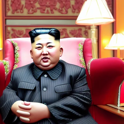 Prompt: cinematic shot of kim jong - un sitting on a couch in an apartment eating a box of cheez - its, 8 k, very intricate, very detailed,