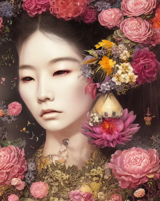 Prompt: portrait of the japanese queen of the underworld, surrounded by flowers by karol bak, james jean, tom bagshaw, rococo, sharp focus, trending on artstation, cinematic lighting, hyper realism, octane render, 8 k, hyper detailed.