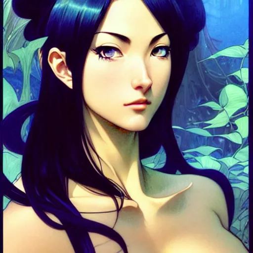 Image similar to intricately detailed vfx portrait of nico robin by eiichiro oda!, makoto shinkai, alphonse mucha, art by artgerm and greg rutkowski!, blue eyes!!, large aquiline nose!!, best of behance, concept art, matte, sharp focus, adolphe bouguereau, annie leibovitz, stanley kubrick,