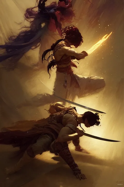 Image similar to An epic fight moment between one demon slayer with one female skilled samourai in style of by gaston bussiere, and craig mullins and greg rutkowski and alphonse mucha, concept art world, stunning moment and pose, cinematic lighting, dynamic