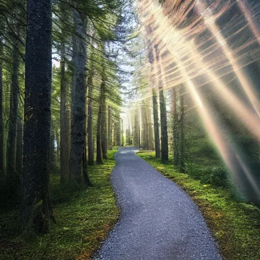 Prompt: an award winning photo of winding narrow path in a forest in a summer evening, volumetric lights, godrays, incredsibly complex, 3 5 mm photography, trending on behance, featured on artstation