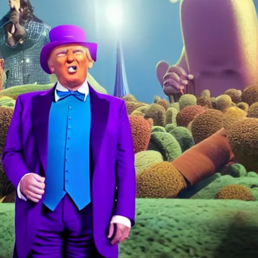 Image similar to donald trump as willy wonka in avengers movie, fantasy, splash art, avengers movie, movie still, detailed face, photorealistic facial features, cinematic lighting, dramatic, octane render, long lens, shallow depth of field, blockbuster, bokeh, hd, anamorphic lens flare, 8 k, hyper detailed, 3 5 mm film grain