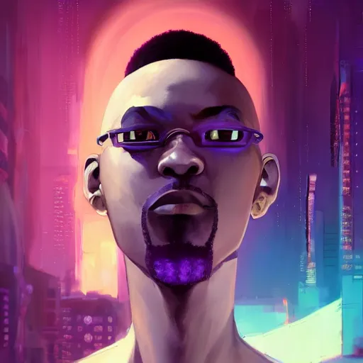 Image similar to bald afro - cyberpunk man with a goatee, manifesting dreams with ancestral magic in a modern world | hyperrealistic oil painting | by makoto shinkai, ilya kuvshinov, lois van baarle, rossdraws, basquiat | afrofuturism, in the style of surrealism, trending on artstation | dark color scheme