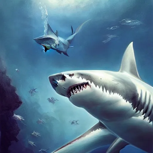 Image similar to a dream fantasy painting of ( white shark with blood teeth ) near a scuba diver, in the deep, trending on artstation, deviantart, matte painting by antonio j. manzanedo, greg rutkowski, holly bruce, jon kuo